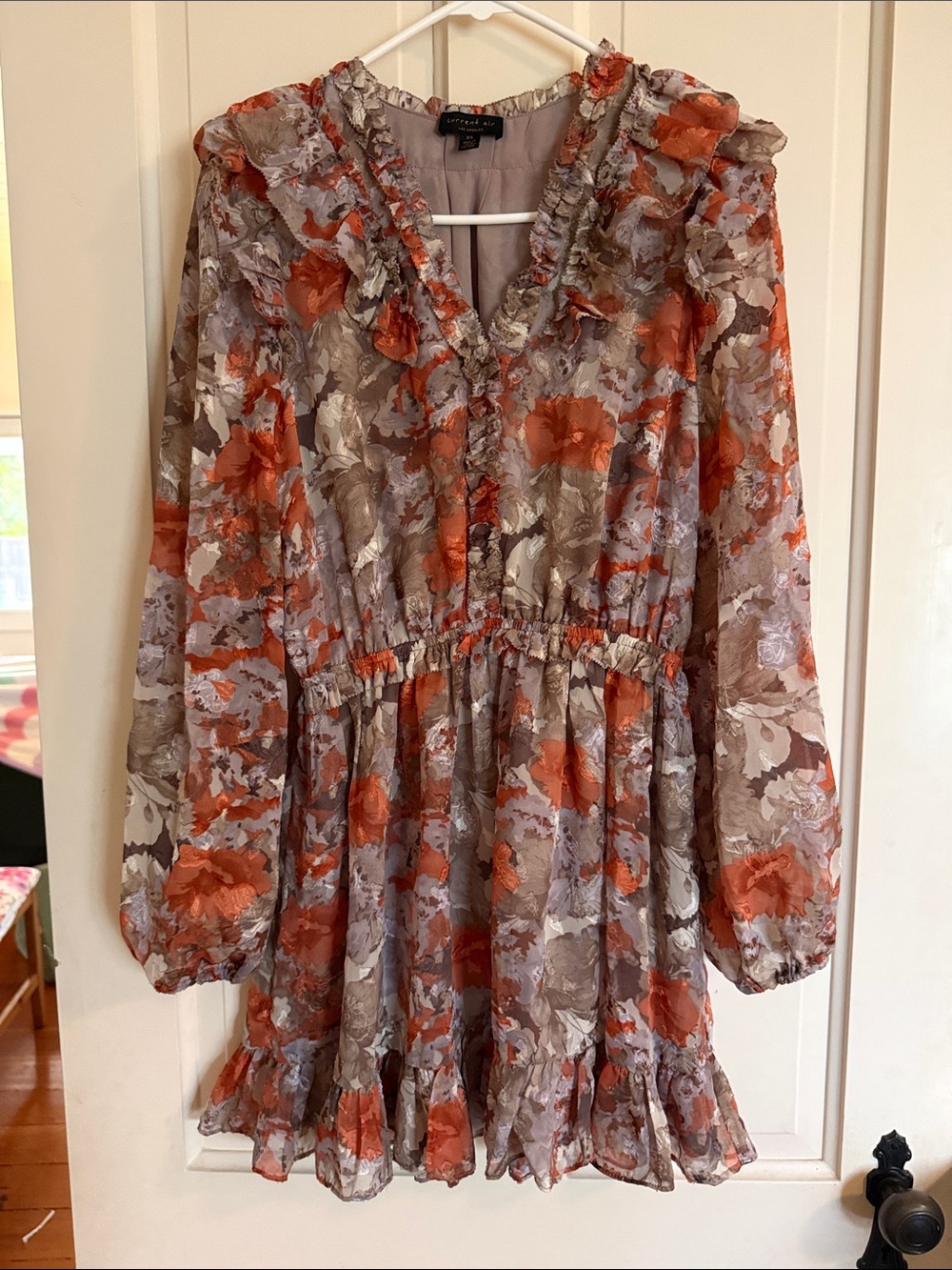 Current Air Floral Ruffle Dress in Orange and Taupe